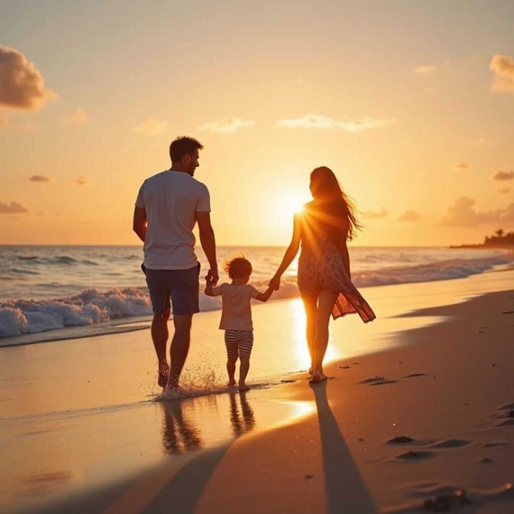 Familia caminando por la playa al atardecer en Cancún