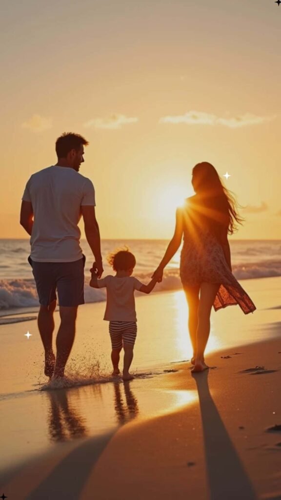 Familia caminando por la playa al atardecer en Playa del Carmen, Riviera Maya