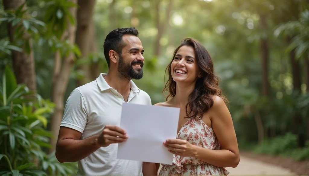 Pareja feliz discutiendo su inversión en terrenos en la Riviera Maya