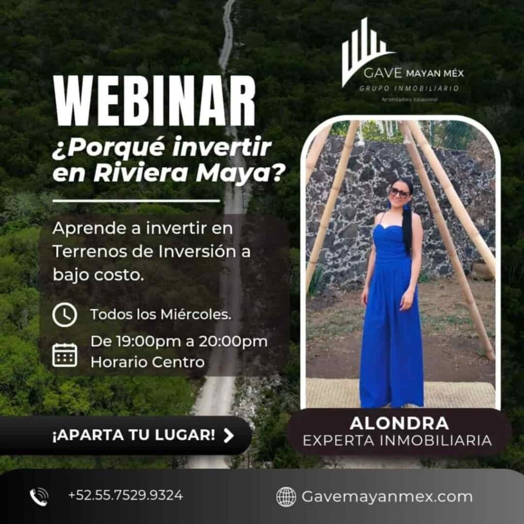 Anuncio del webinar sobre inversión en terrenos de la Riviera Maya con detalles de fecha y hora